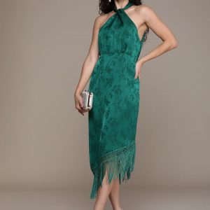 French Connection Floral Print Halter Neck Frilled Sheath Midi Dress